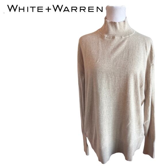 White + Warren cotton Silk Blend Sift Mock Neck Pullover Tan Sweater VGC - Picture 3 of 9